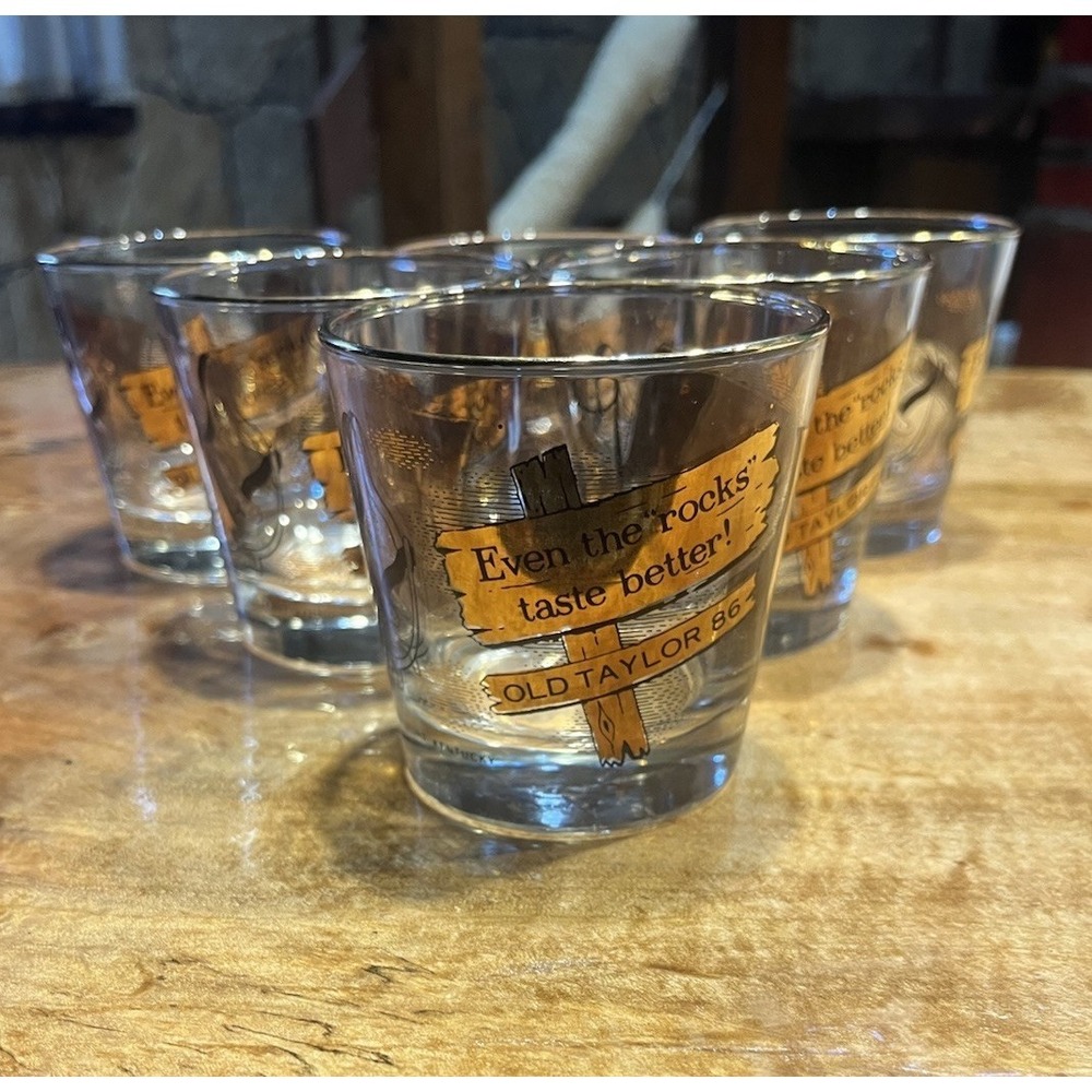 Vintage MCM Old Taylor 86 Whiskey Glasses "Even the Rocks Taste Better" Set Of 6